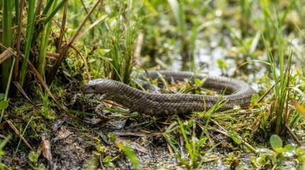 Obraz premium Grass Snake in its Natural Habitat: A grass snake slithers through lush green reeds and damp marshland, its scales blending with the natural environment.