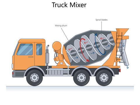 concrete mixer truck showing the rotating mixing drum, internal spiral blades, and discharge chute system diagram hand drawn schematic vector. Science educational illustration