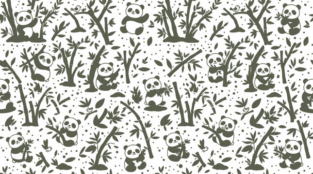 Seamless Cute Panda and Bamboo Vector Pattern Illustration for Textile Design