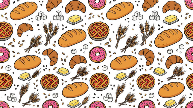 Seamless pattern of hand drawn bakery items bread croissants donuts and wheat on white background