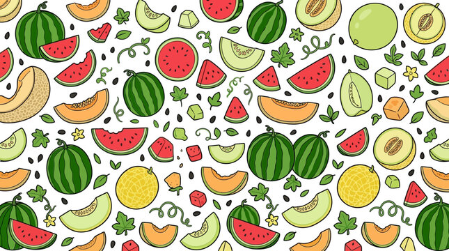 Seamless hand-drawn pattern of watermelon and melon slices with seeds and leaves