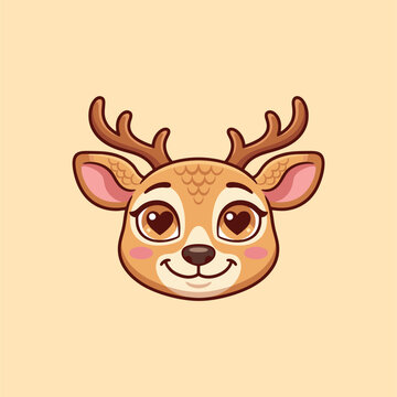 Love-struck deer face, large heart-shaped pupils, gentle smile, sweet expression, elegant antlers, solid color vector design, minimal clean shapes, isolated on white background