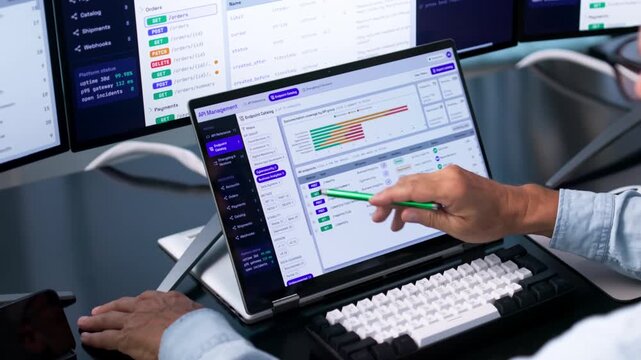 Software Developer Carefully Monitors API Gateway Traffic On Laptop