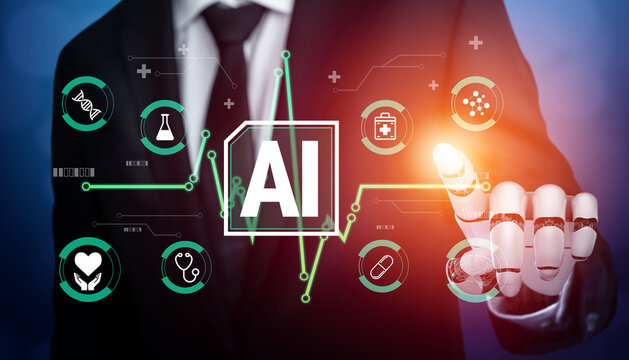 Businessman Utilizing Artificial Intelligence Technology in Healthcare and Laboratory with Icons Representing Medical Innovations and Data Analysis Haptic.