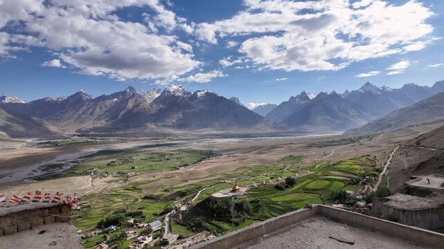 Zanskar, India : Panoramic aerial footage of Karsha Gompa, the largest Buddhist monastery in Padum of Zanskar valley in Ladakh, Indian Himalayas