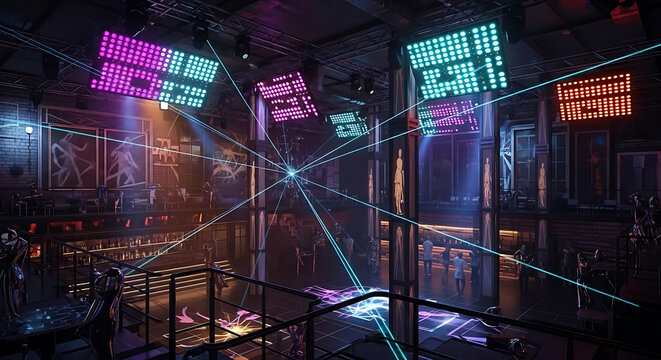 Futuristic nightclub interior with colorful laser beams with interior with interior