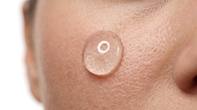Transparent round hydrocolloid pimple patch applied on female cheek skin