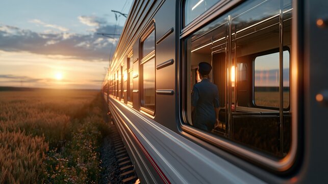 Passenger train traveling through golden wheat fields at sunset with warm light reflecting on windows