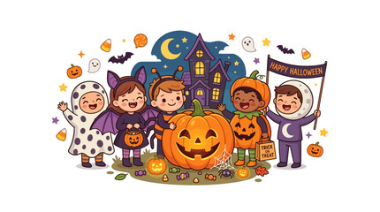 Fototapeta premium Children in Halloween Costumes with Pumpkin and Haunted House