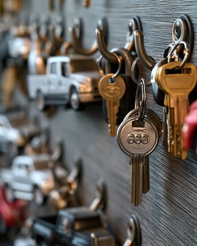 Collection of assorted keys hanging on hooks, with miniature vehicles in the background