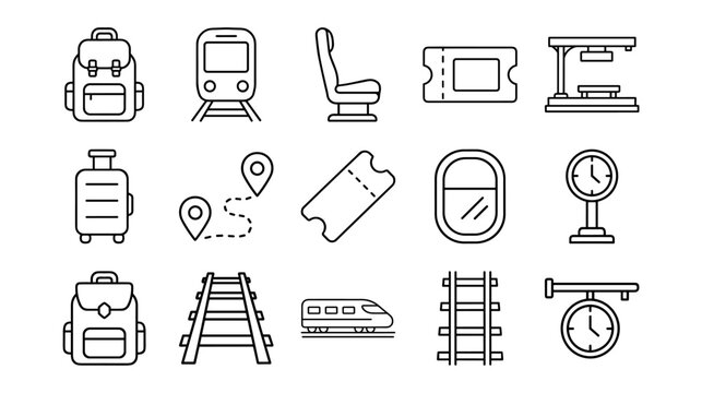 train travel line vector icons set for transportation and tourism apps on transparent background