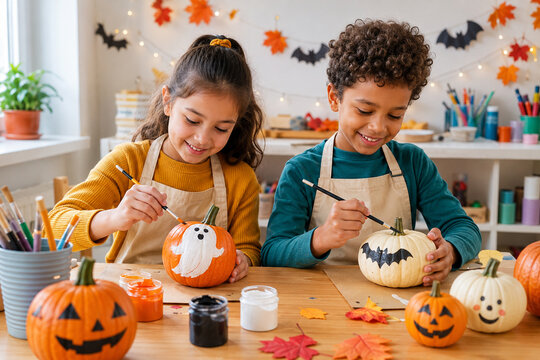 Happy children painting pumpkins at Halloween craft workshop