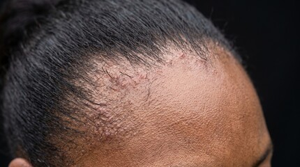 Fototapeta premium Macro View of Receding Hairline with Folliculitis and Transplant Scabs on Dark Scalp