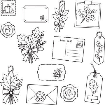 Vintage sealed envelope with leaf wax stamp line art vector icon. Black and white outline element for autumn wedding mail, letters, postcrossing, and coloring book pages.