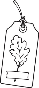 Cute autumn gift tag line art vector illustration with oak leaf and string. Black and white outline element for fall present packaging, crafts, stickers, and coloring pages.