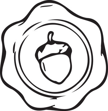 Cozy wax seal stamp featuring an acorn motif line art vector icon. Black and white outline element for autumn stationery, fall craft projects, stickers, and coloring pages.