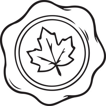 Elegant wax seal with autumn maple leaf motif line art vector illustration. Black and white outline icon for fall wedding invitations, letter sealing, and coloring pages.