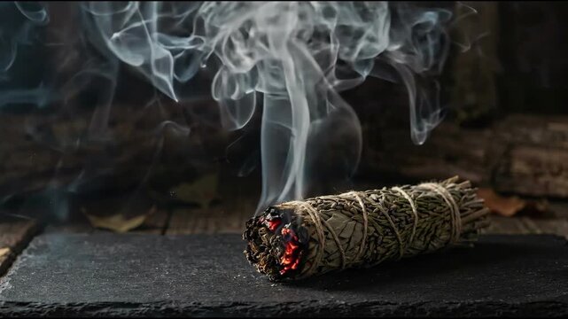 Cinematic 4K Burning Smudge Stick with Rising Wispy Smoke in Spooky Mystic Occult Background Seamless Loop