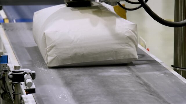 A part of an industrial machine or conveyor system used to pack bulk materials into paper bags.