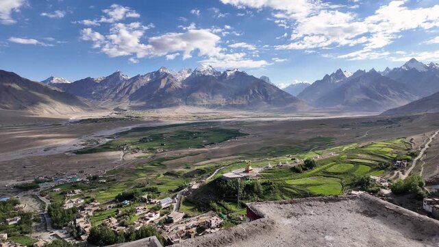 Zanskar, India : Panoramic aerial footage of Karsha Gompa, the largest Buddhist monastery in Padum of Zanskar valley in Ladakh, Indian Himalayas