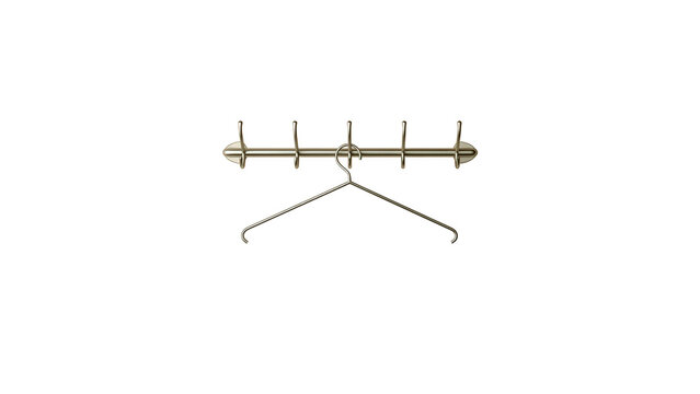 Metal clothes hanger hanging on a metal wall hook on transparent background