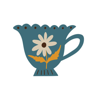 Decorative blue cup with scalloped rim and large daisy flower motif. Hand drawn colorful kitchen tableware illustration with floral ornament, isolated on white background.