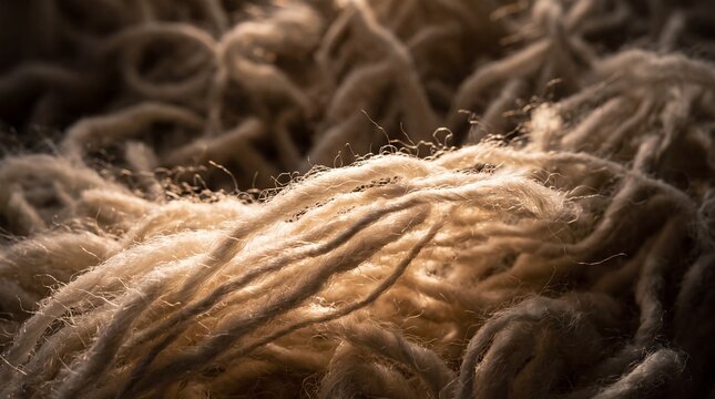 Extreme macro of soft cream-colored wool fibers, individual strands catching warm backlight and glowing at the edges, dense layered depth fading into soft shadow