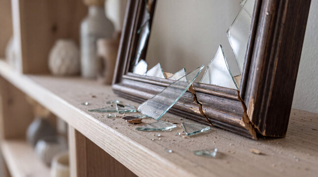 Broken mirror on a wooden shelf, shattered glass shards scattering, symbolizing bad luck and misfortune