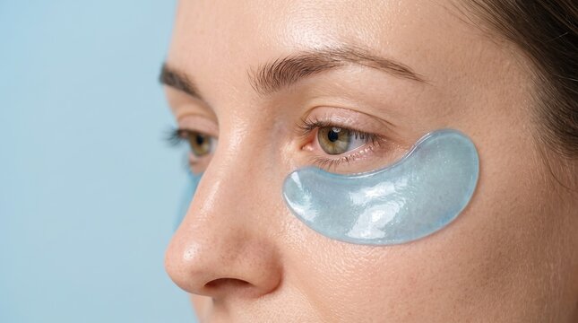 Side view of woman with blue hydrogel eye patch applied under eye