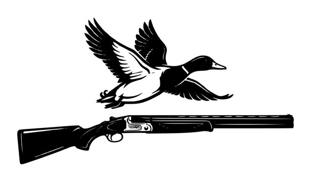 Retro flying duck vintage sporting shotgun hunting outdoor vector illustration