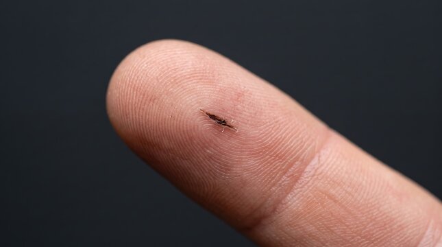 Wooden splinter embedded in human index finger skin macro view