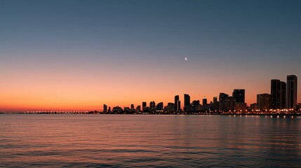 Fototapeta premium Serene Coastal City Skyline at Dusk with Calm Water and Faint Moon