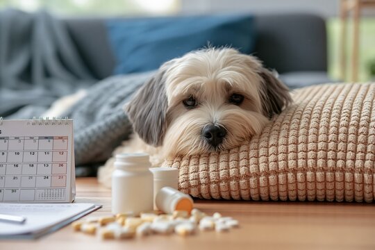 Sad, sick dog resting on a pillow with medication and calendar, symbolizing pet illness and care