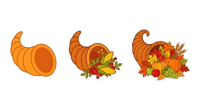 Set of three cornucopia illustrations for Thanksgiving and autumn harvest season.