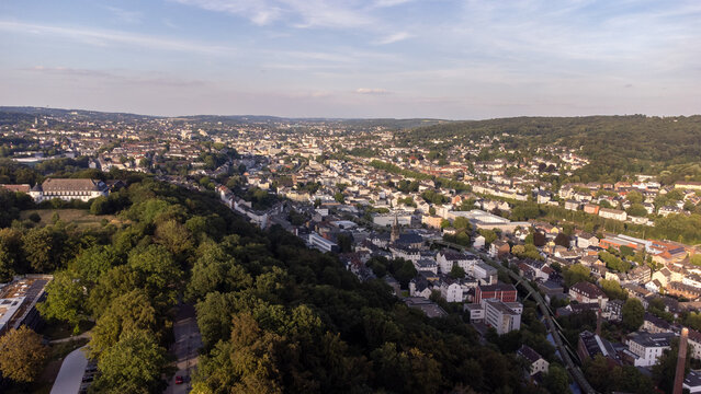Aerial view of the city of Wuppertal in North Rhine-Westphalia, including the city center.