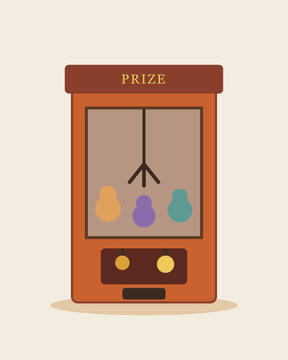 Minimalist flat vector illustration of a retro arcade claw machine with colorful prizes, isolated on a light beige background.