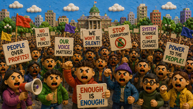 Large Public Demonstration with People Protesting Government Policies &ndash; Street Rally, Activism and Social Justice