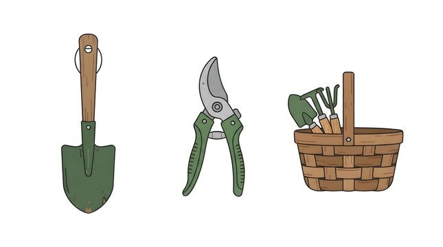 Set of Three Gardening Tools Including Trowel, Pruners, and Tool Basket