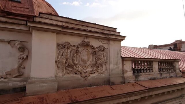Close aerial drone shot of the ornate facade of Dacia-Romania Palace, also known as Pinacotheque Palace, in Bucharest&rsquo;s historic Old Town.