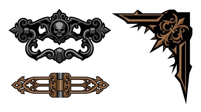 Gothic style metal hardware set with skull and ornate corner decorations.
