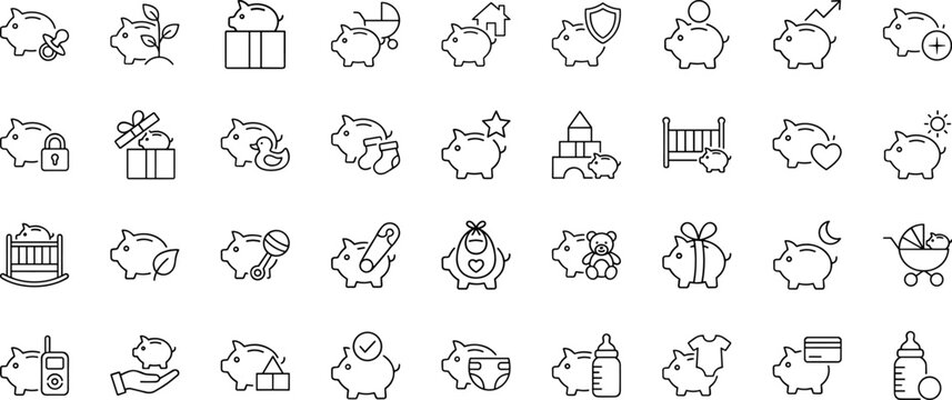 Piggy Bank Baby Savings Web Icon Set in Linear Style. Collection of child fund line icons, including newborn, deposit, college fund, gift, growth, security.