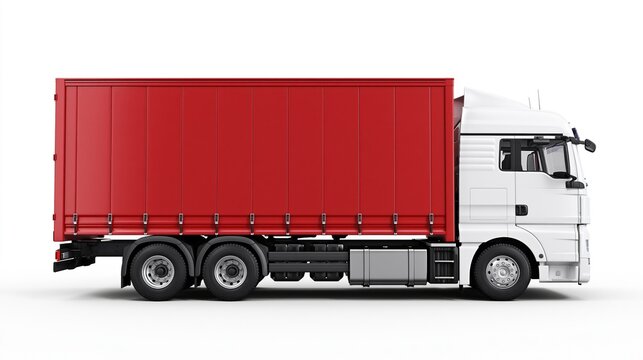 White and red semi-trailer truck with cargo box, isolated on white background, side view