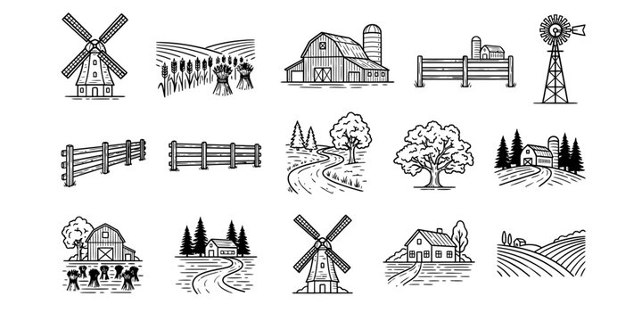 Vintage farm illustrations set including windmills barns fields and rural landscapes