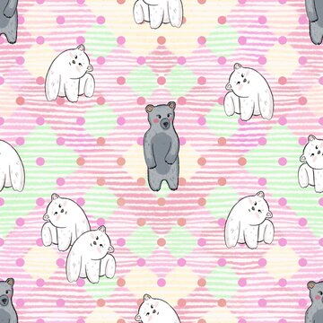 Seamless pattern with adorable hand drawn bears on pink polka dot and green check background for children textiles