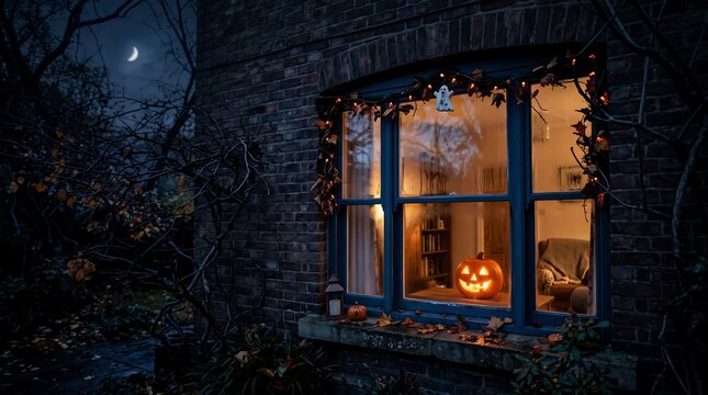 Glowing Jack-o'-lantern inside a house window at night isolated on white background