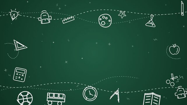 Animated hand-drawn school icons on a green chalkboard background with copy space, back to school education concept