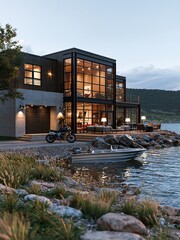 Naklejka premium Modern Lakeside Luxury Home with Motorcycle and Boat at Dusk