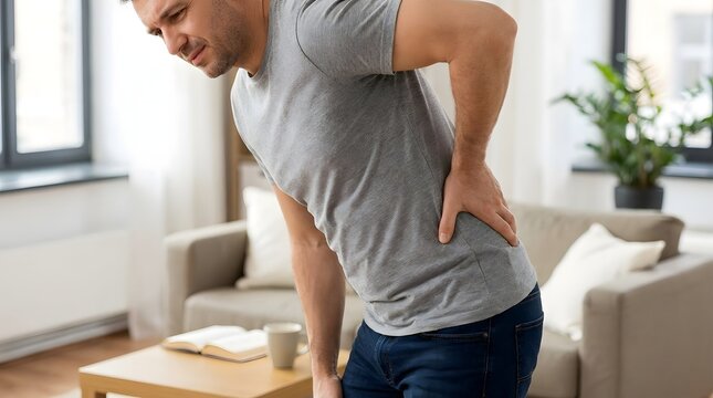 Man Holding Painful Lower Back While Standing at Home, Backache and Lumbar Pain Concept