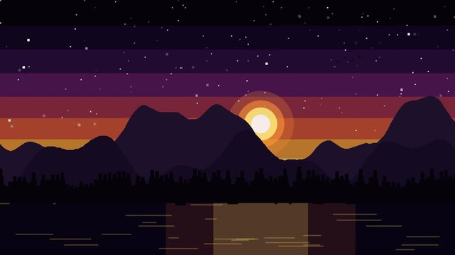 Pixel art sunset over mountain silhouettes and serene water