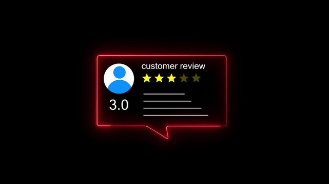 Glowing neon Rating 3 stars icon animation. animation customer review concept, character giving fore star feedback on neon rectangle. animated customer satisfaction rating